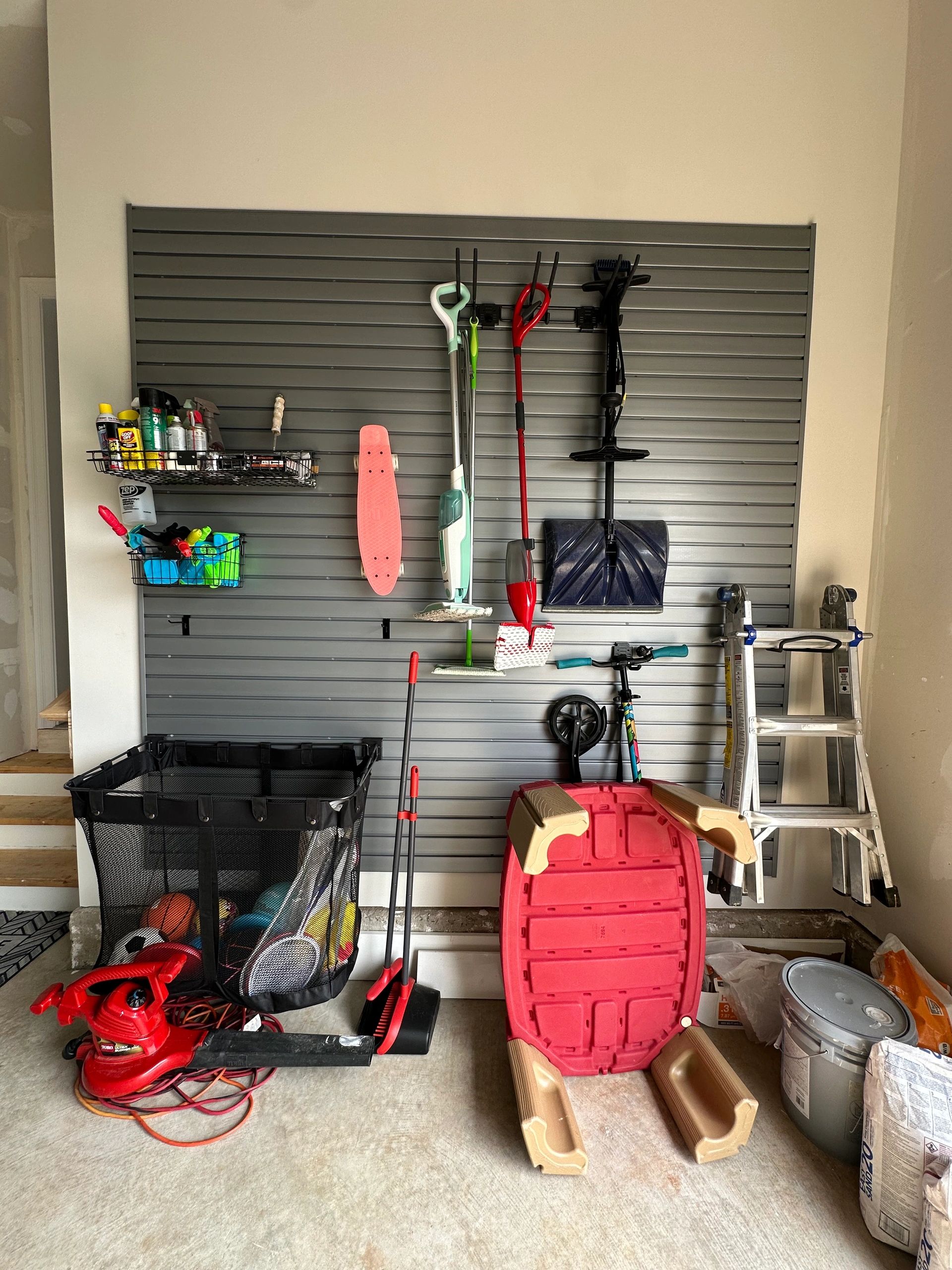 Custom garage organization overhead storage racks wall cabinets