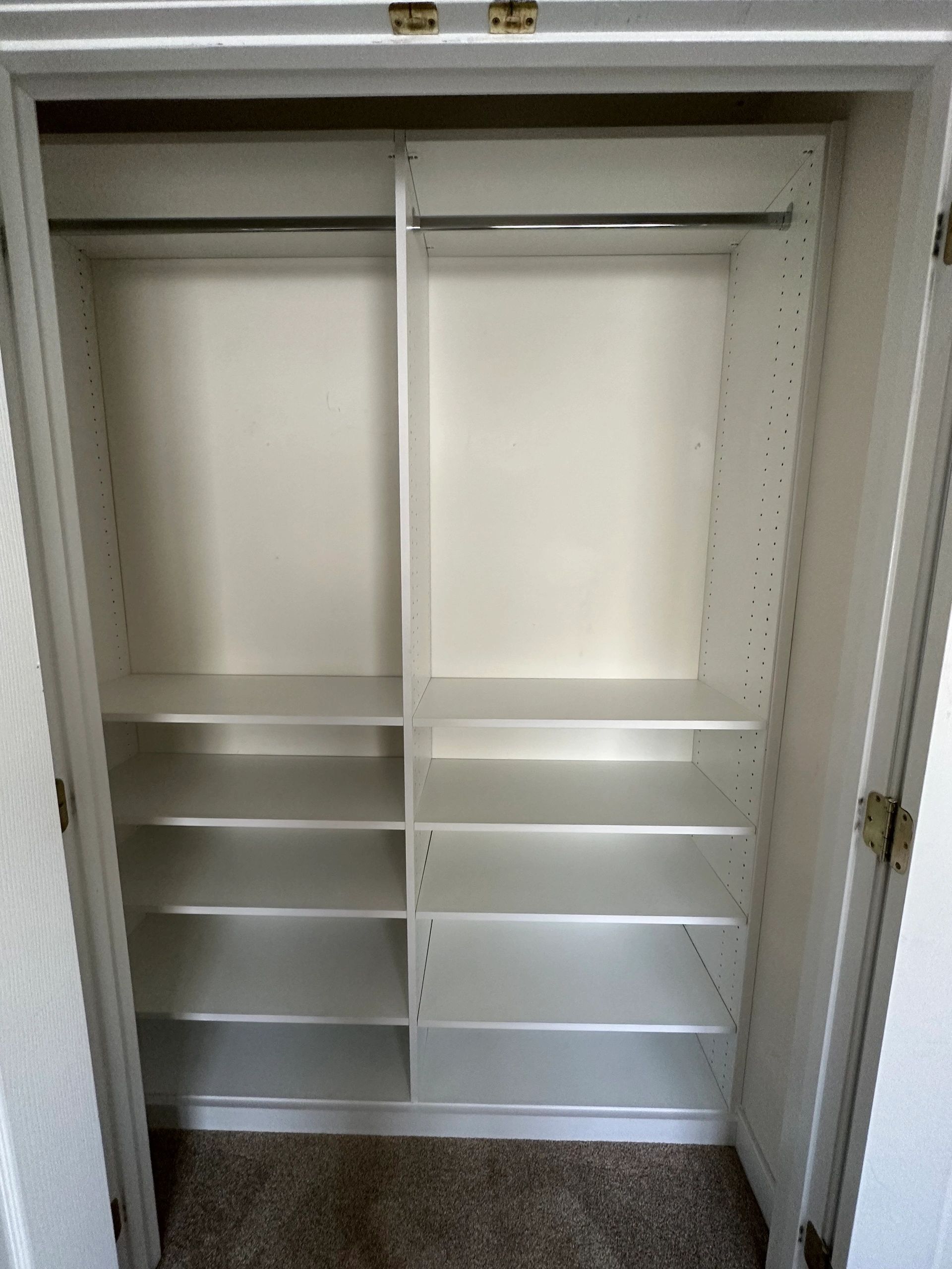 Reach-in closet organizer double hang shelves